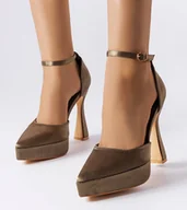 Półbuty damskie - Oliwkowe czółenka na wysokim słupku Lowell -40 - miniaturka - grafika 1