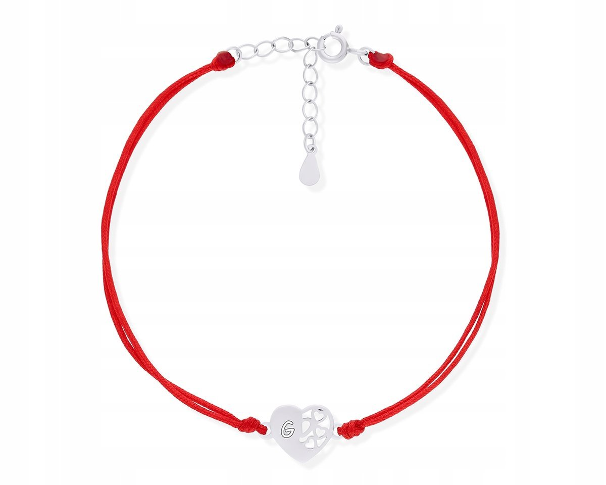 Bransoletka Na Sznurku Czerwonym Serce Ażurowe + Grawer Srebro pr. 925