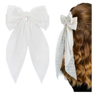Ozdoby do włosów - Spinka do Włosów z Dużą Kokardą Biała Damska Kokardka Długa i Efektowna - miniaturka - grafika 1