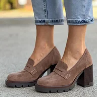 Mokasyny damskie - Beżowe zamszowe półbuty damskie, mokasyny na słupku Vinceza 58105 - miniaturka - grafika 1