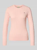 Swetry damskie - Sweter z dzianiny ze ściegiem warkoczowym i wyhaftowanym logo - miniaturka - grafika 1