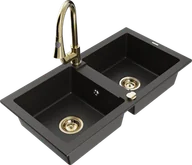 Zlewozmywaki z baterią - Mexen Mario zlewozmywak granitowy 2-komorowy z baterią kuchenną Elia, czarny/złoty metalik - 6504-75-670101-50 - miniaturka - grafika 1
