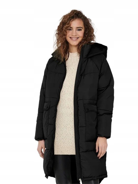 ONLY CZARNY PŁASZCZ PIKOWANY Z KAPTUREM ZIMOWY S 6BA