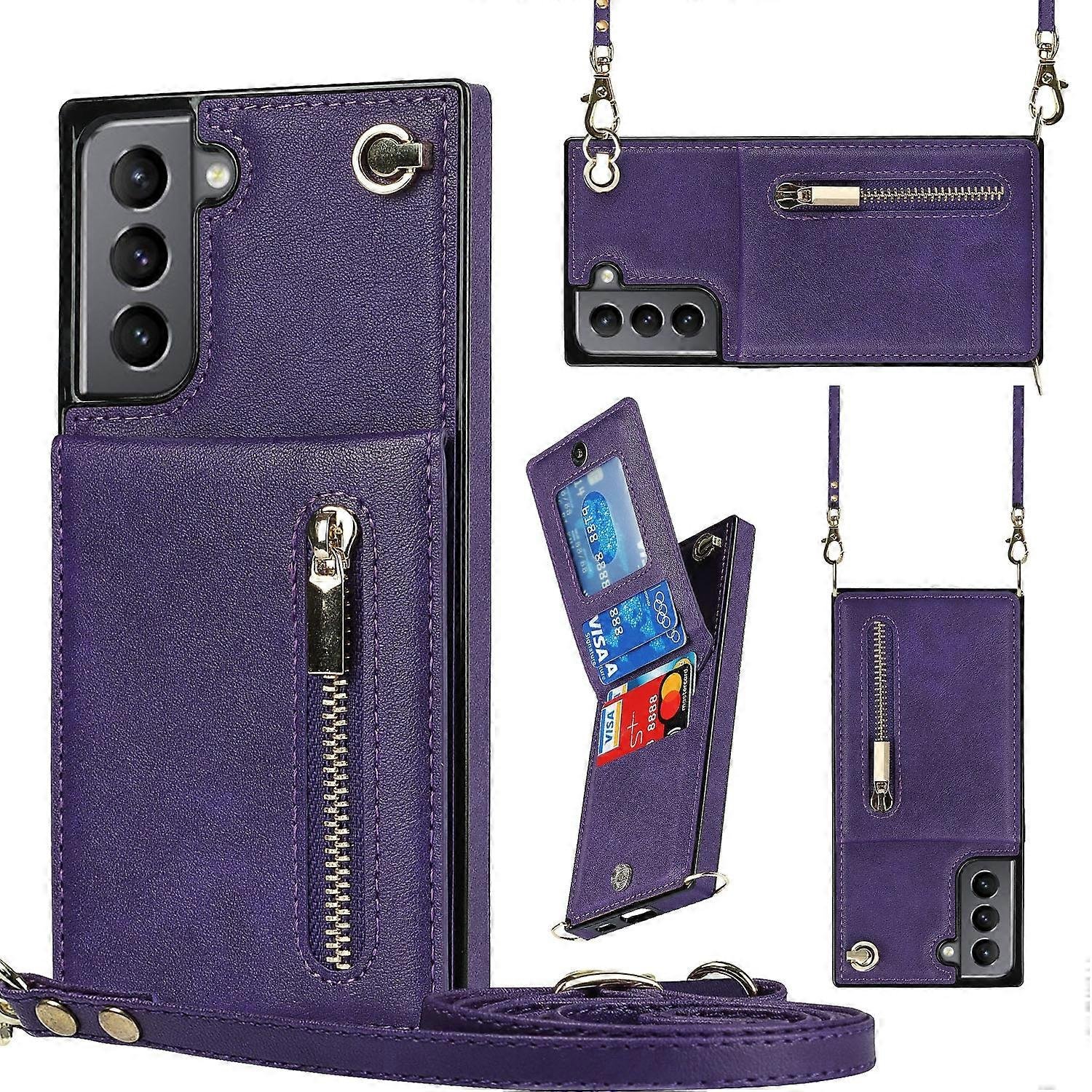 Do Samsung Galaxy S21 5G Cross-body Zipper Kwadratowa tylna obudowa TPU + PU z uchwytem i miejscami na karty oraz portfelem i paskiem