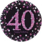 Naczynia i sztućce jednorazowe - Amscan Talerzyki papierowe, Urodziny 40, Sparkling Celebrations Pink, 23 cm, 8 sztuk - miniaturka - grafika 1