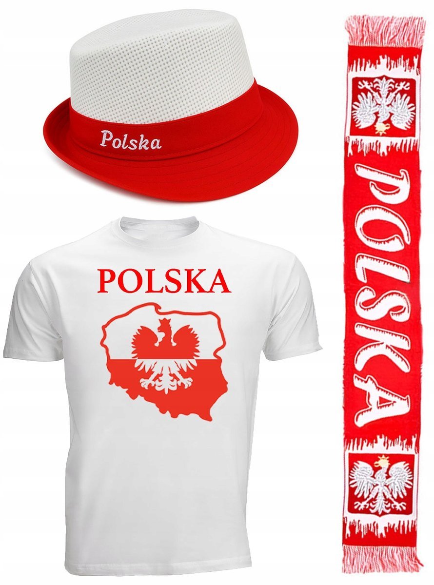 ZESTAW DLA KIBICA POLSKI KOSZULKA +SZALIK + CZAPKA GODŁO FLAGA
