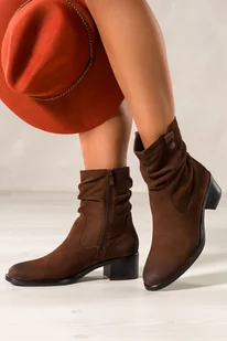 Brązowe botki skórzane damskie Sergio Leone na szerokim słupku marszczona cholewka z ozdobą YG645-H - Botki damskie - miniaturka - grafika 1