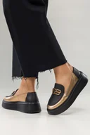 Trampki damskie - Czarne mokasyny skórzane damskie creepersy na platformie z miedzianą ozdobą miedziane wstawki PRODUKT POLSKI Casu N1093 - miniaturka - grafika 1