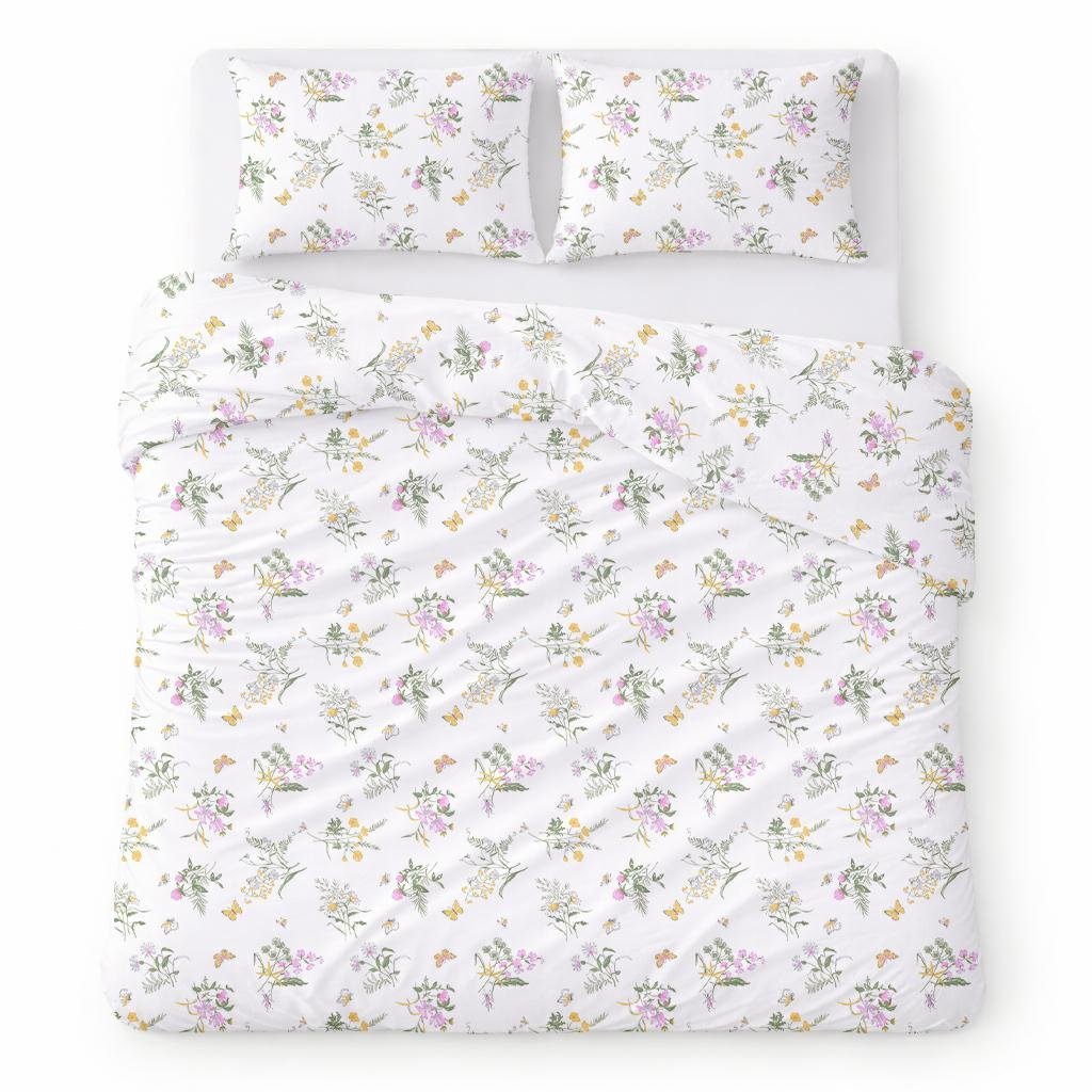 Pościel bawełniana 160x200 biała w drobne kwiaty polne delikatny - COTTON HOME