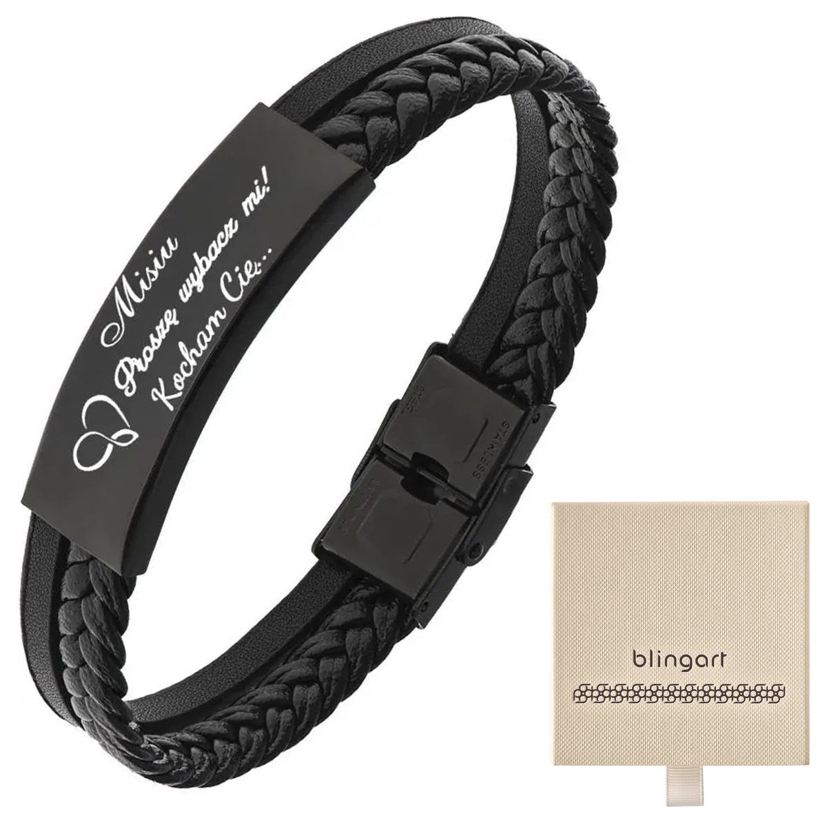 Bransoletka męska z GRAWEREM czarna plecionka blas