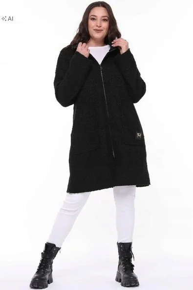 CZARNY PŁASZCZ DAMSKI OVERSIZE Z KLAPAMI I PODSZEWKĄ L/XL 5IA