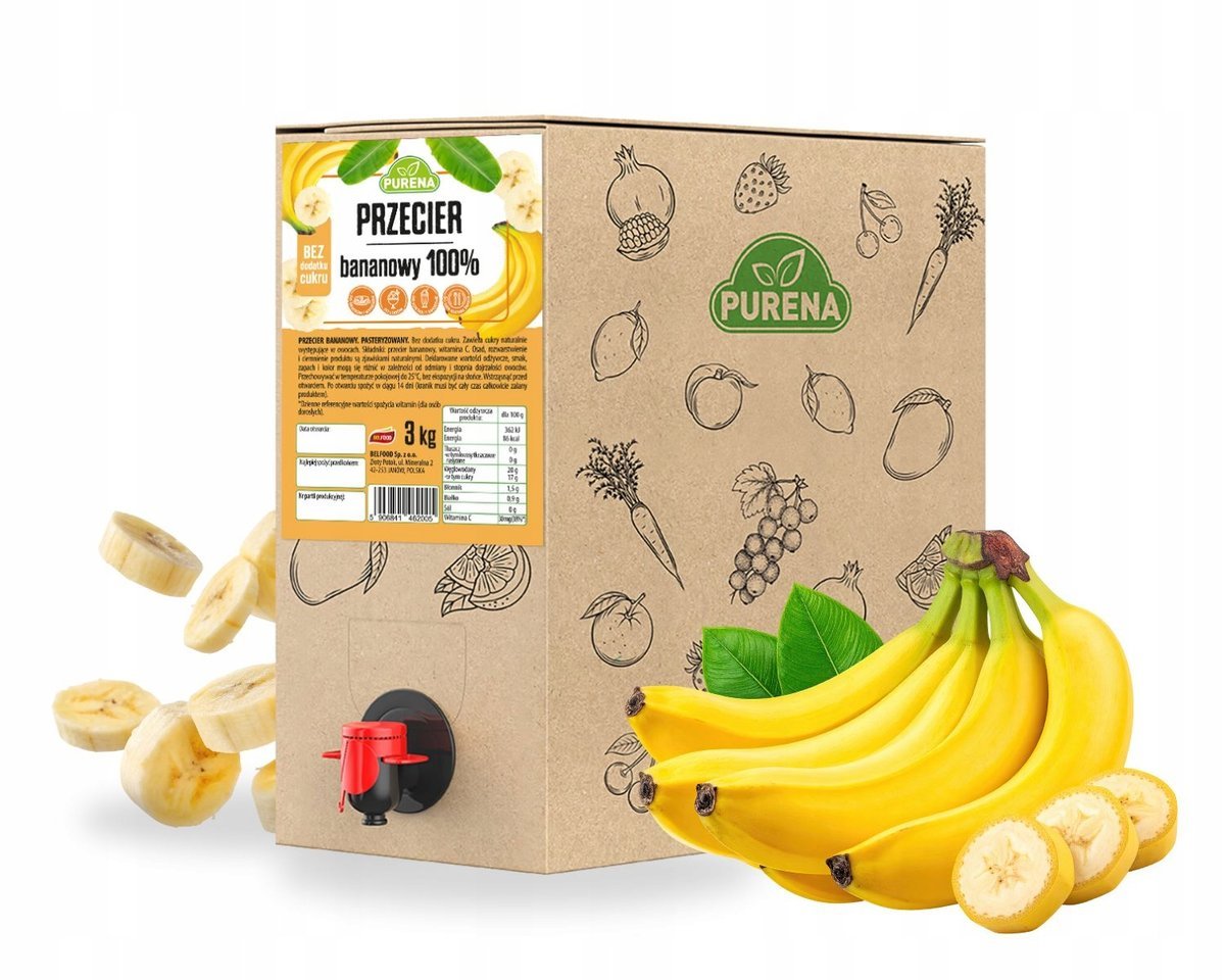 Puree pulpa przecier z bananów 100% bez cukru PURENA box 3 kg