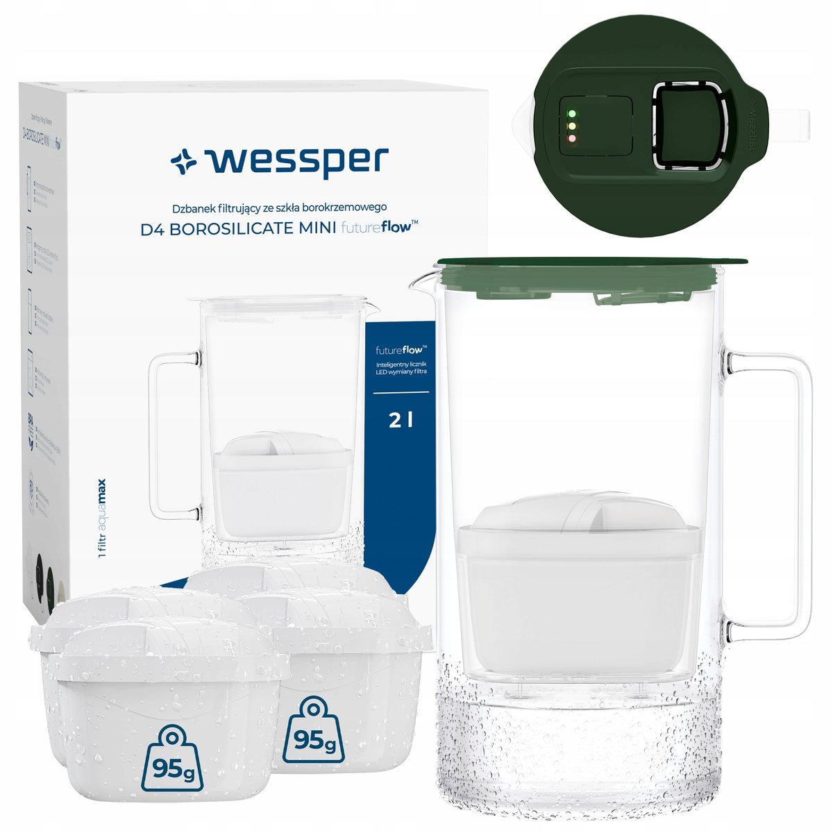 Wessper D4 BOROSILICATE MINI dzbanek filtrujący szklany 2l + 5x filtr