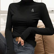 Swetry damskie - TEMU Bluzka Damska z Wysokim Kołnierzem i Długim Rękawem - Termiczna, Elastyczny Geometryczny Haft, Czarno-Biała Elegancka Koszula na Jesień/Zimę, - miniaturka - grafika 1