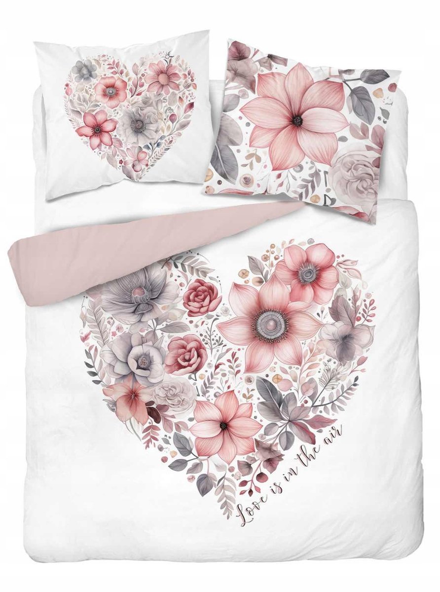 POŚCIEL BAWEŁNIANA 160x200 SERCE Z KWIATÓW BIAŁA RÓŻOWA DLA PARY NA PREZENT
