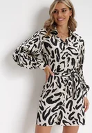 Sukienki - Beżowa Sukienka Mini z Plisowanymi Rękawami i Materiałowym Paskiem Sevan - miniaturka - grafika 1