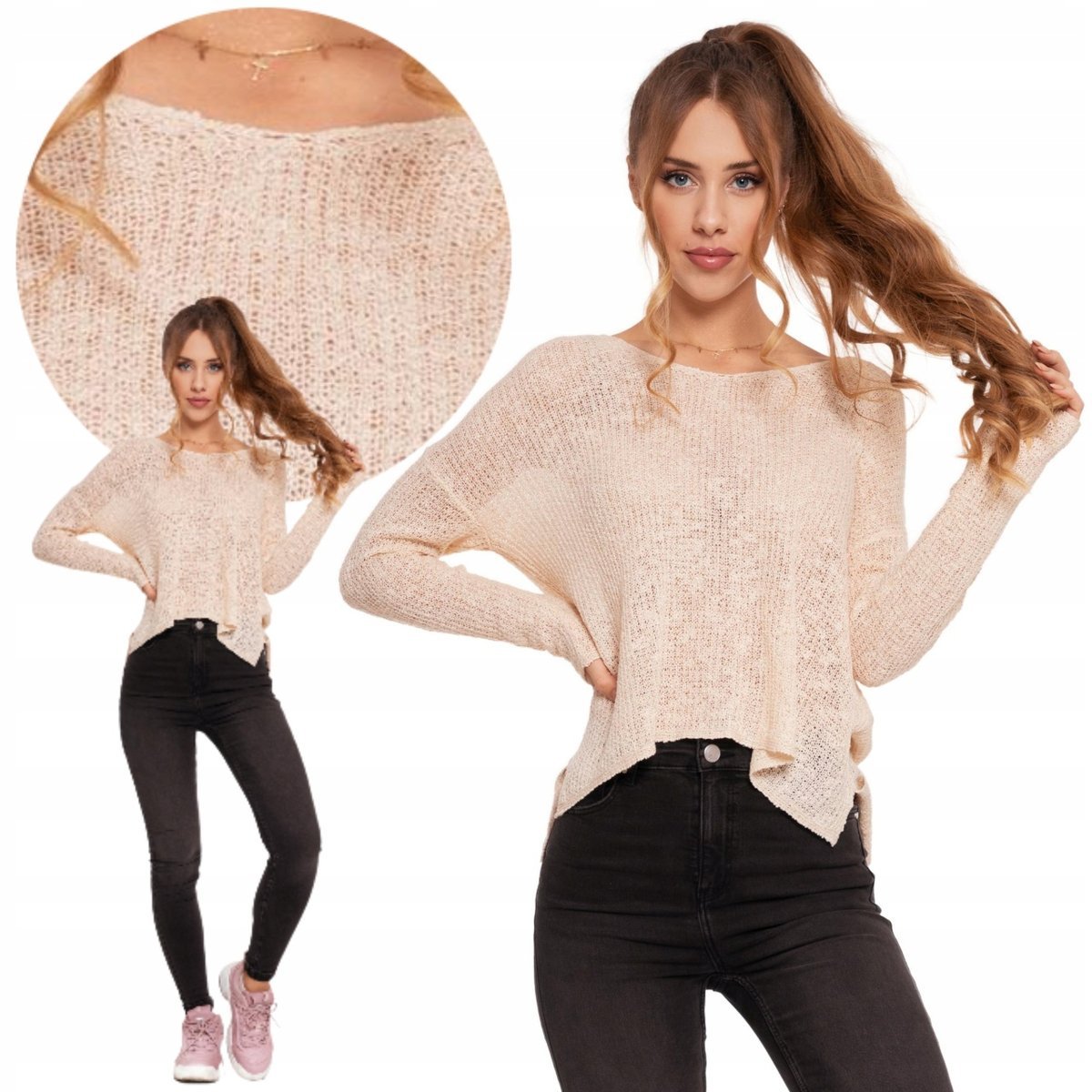 Sweter Damski Klasyczny Ażurowy Cienki Z Długim Rękawem Kobiecy Moraj S Beige