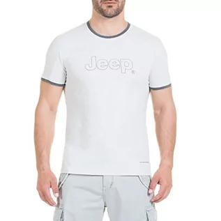 Koszulki męskie - Jeep męski T-shirt z wyhaftowanym profilem Jeep szary jasnoszary S - grafika 1