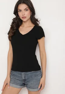 Czarny T-shirt z Wiskozą z Prążkowanej Dzianiny Ralendria - Koszulki i topy damskie - miniaturka - grafika 1