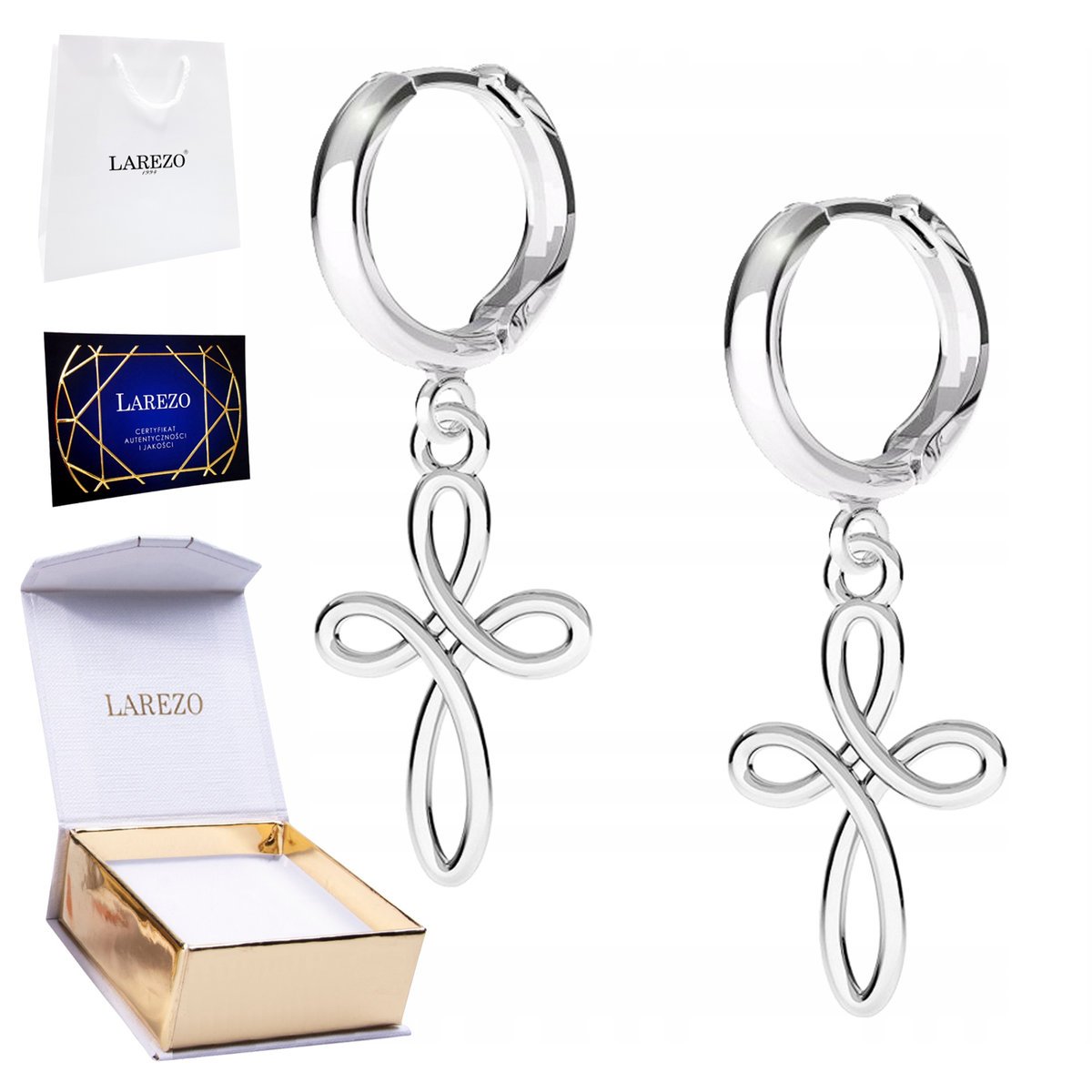 Kolczyki Srebrne 925 Ażurowy Krzyżyk Ozdobne Krzyże z Kryształkami Krzyż