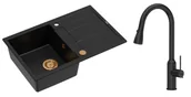 Zlewozmywaki z baterią - Quadron Unique Zlewozmywak granitowy jednokomorowy 78*50*22 cm z ociekaczem MORGAN 111 PURE CARBON z syfonem Push-2-Open w kolorze miedzianym z baterią JESSICA PURE CARBON z wyciąganą wylewką i funkcją prysznica kolor czarny mat - miniaturka - grafika 1