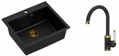 Zlewozmywaki z baterią - Quadron Zlewozmywak granitowy jednokomorowy 57*50*22 cm MORGAN 110 PURE CARBON czarny ze złotym odpływem z baterią RACHEL Q LINE PURE CARBON kolor czarny mat/wykończenie złote - miniaturka - grafika 1