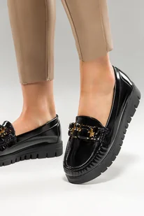 Czarne mokasyny lakierowane damskie na bieżnikowanej platformie z czarnymi kryształkami skórzana wkładka Casu D24X2-B-NO - Mokasyny damskie - miniaturka - grafika 1