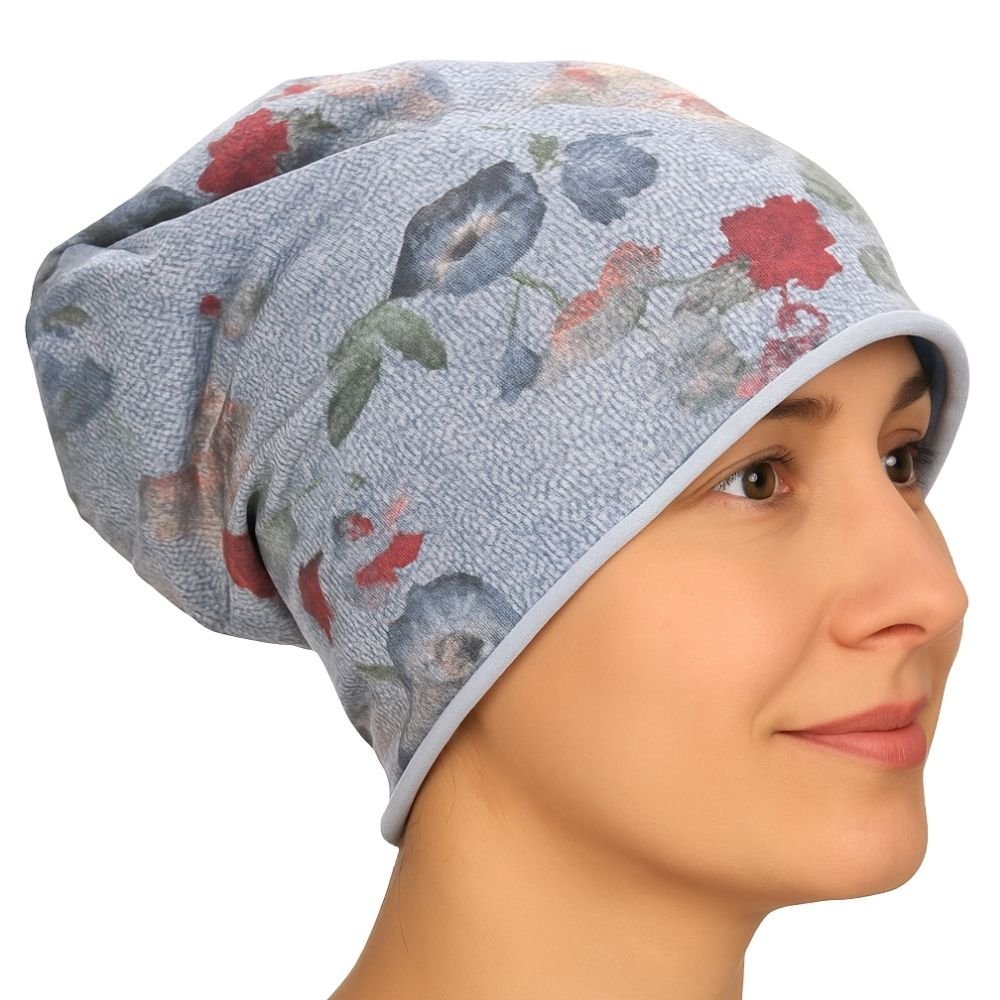 Czapka damska Beanie włoska cienka smerfetka niebieska kwiatowa