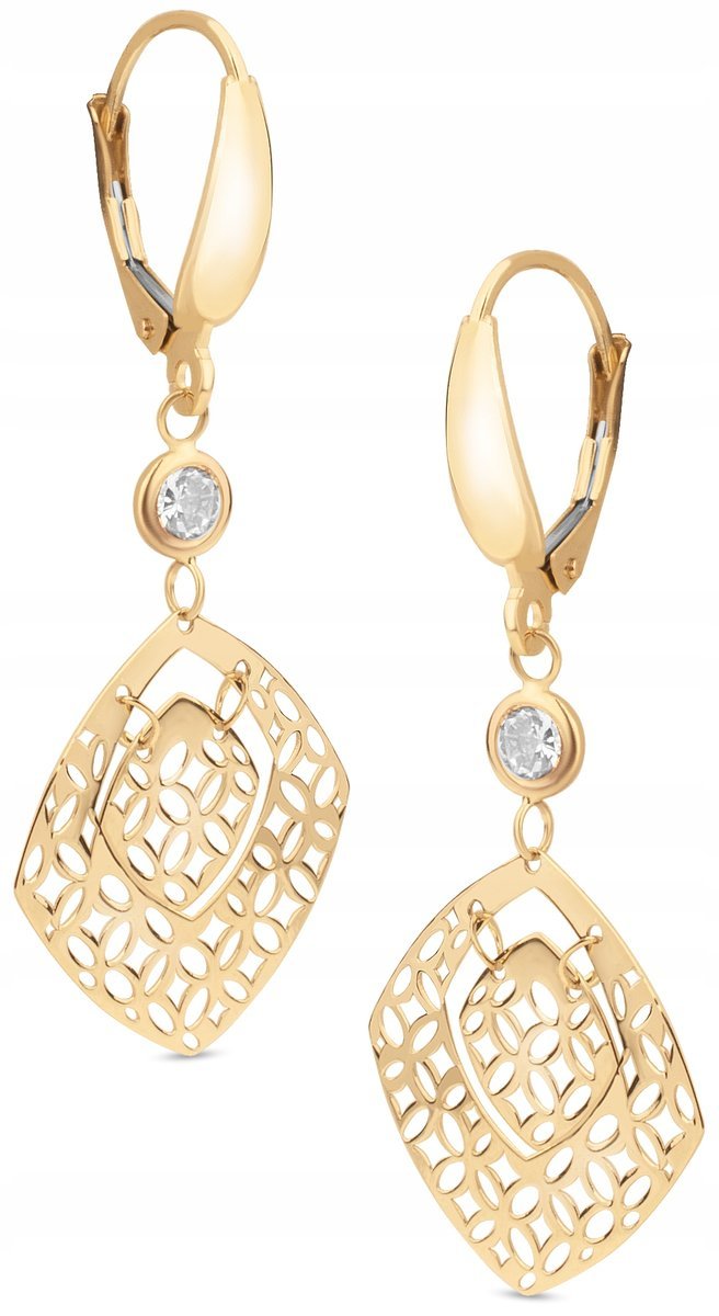 PIĘKNE WISZĄCE ZŁOTE KOLCZYKI AŻUROWE Z BIAŁYMI KAMIENIAMI 14KT 585