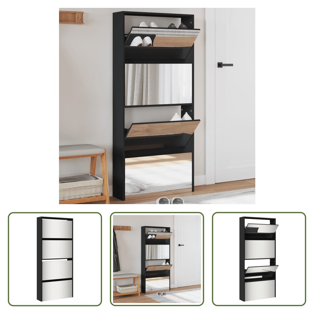 The Living Store Szafka na buty z lustrem 4 przegrody Czarna 63x17x134 cm