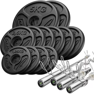 Marbo Sport Zestaw 65kg Gryf olimpijski 180cm + gryf olimpijski lekko łamany 120cm + 2x gryf olimpijski krótki 50cm+ obciążenia olimpijskie 2x5kg, 6x2,5kg, 4x1,25kg - - Obciążenia - miniaturka - grafika 1
