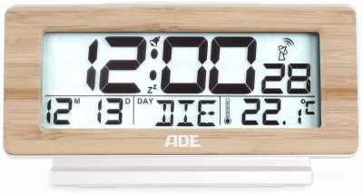 ADE Budzik elektroniczny z kalendarzem i termometrem, 12,5 x 4 x 8,5 cm, rama bambusowa