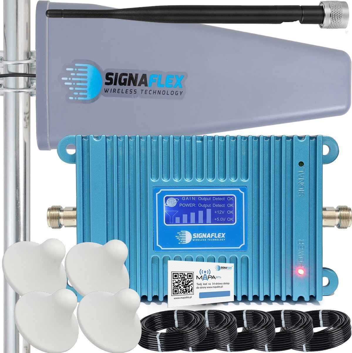 System przekazu sygnału AV Signaflex Zestaw Wzmacniacz Gsm Blue Lcd Gsm980 + T2 23Dbi 15M + 4X Grzybek