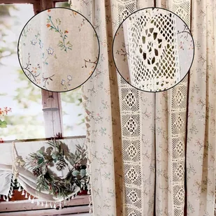 Zasłony gotowe lniane boho z frędzlami koronka dziergana panel 150/240cm - Zasłony - miniaturka - grafika 1
