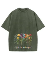 Koszulki i topy damskie - Damska koszulka oversize efekt sprania Kolorowe Kwiaty Wiosna Khaki XL - miniaturka - grafika 1