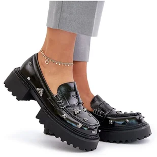 S.Barski Skórzane Lakierowane Półbuty Damskie Z Ozdobami D&A MR880-103 Czarne - Półbuty damskie - miniaturka - grafika 1