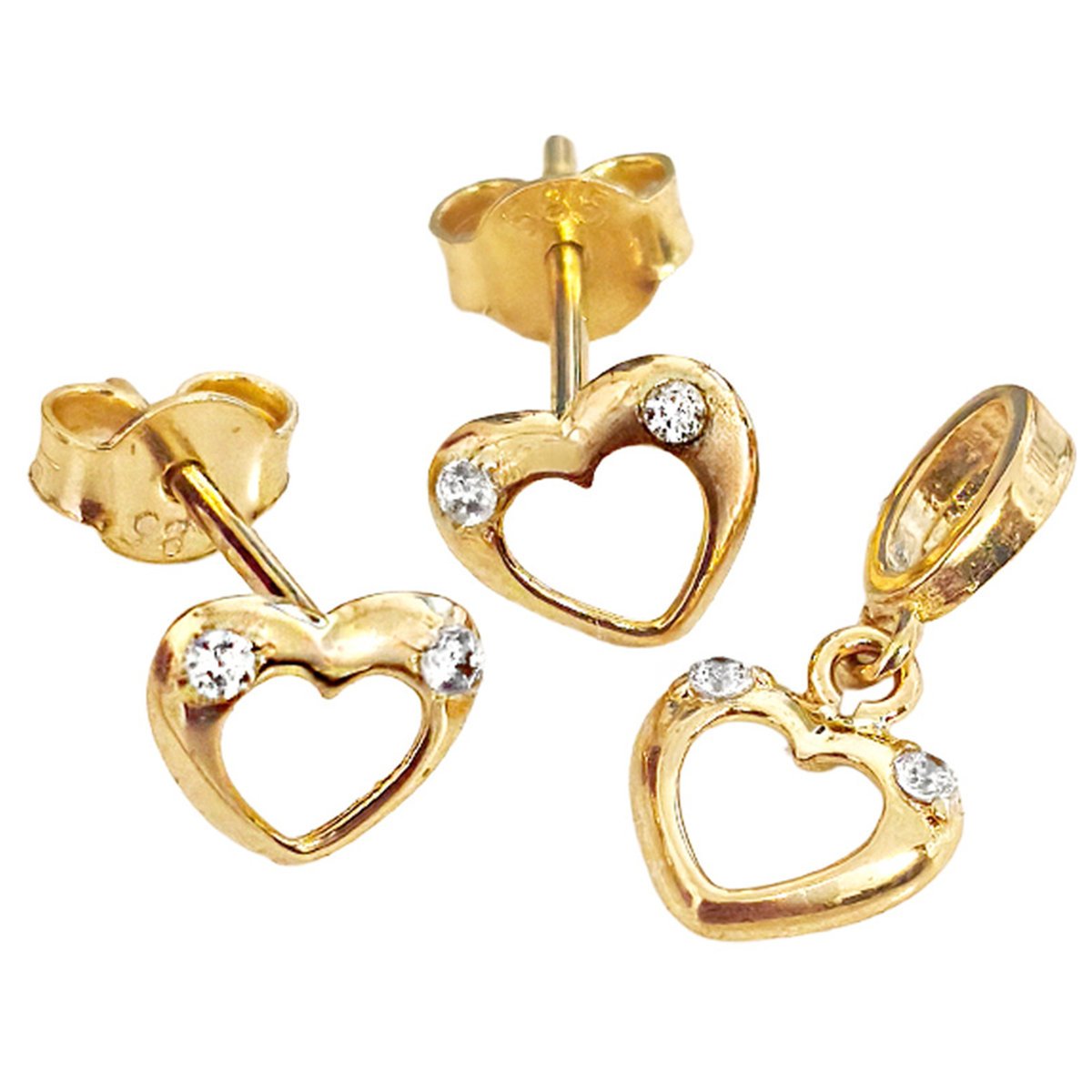 Złoty komplet biżuterii damskiej 585 serduszka z dwoma białymi cyrkoniami kolczyki przywieszka 0.94g