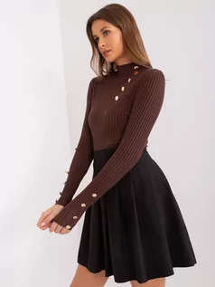 Swetry damskie - Sweter klasyczny ciemny brązowy casual dekolt półgolf rękaw długi materiał prążkowany  guziki - grafika 1