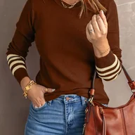 Swetry damskie - TEMU Elegancki damski sweter z blokami kolorów - miękki, rozciągliwy, z długim rękawem i okrągłym dekoltem, z beżowymi i brązowymi paskami, stylowy, - miniaturka - grafika 1