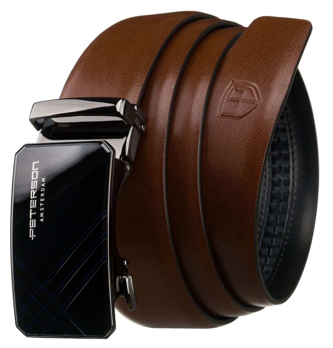 Pasek męski do spodni brązowy ze skóry naturalnej elegancki PETERSON automatyczna klamra 105 casualowy do garnituru