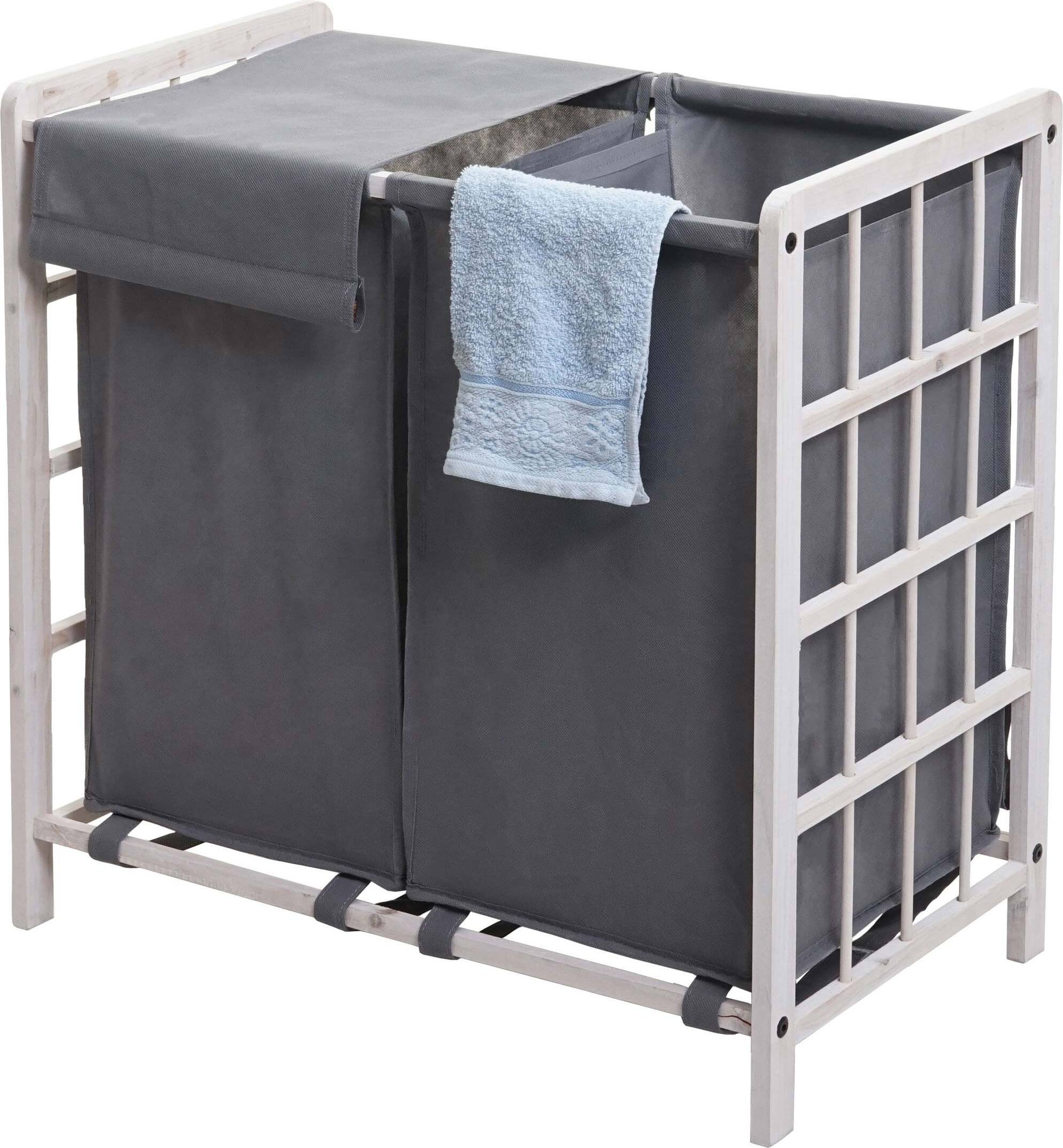 Kosz na pranie HWC-B60, Kosz na pranie z litego drewna, 2 komory 60x60x33cm 68l ~ shabby white, szara pokrywa