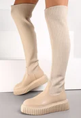 Kozaki damskie - Beżowe Kozaki z Elastyczną Cholewką za Kolano na Platformie Cese - Renee - miniaturka - grafika 1