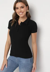 Czarny Bawełniany T-shirt Prążkowany Typu Polo z Guzikami Avelavia - Koszulki i topy damskie - miniaturka - grafika 1