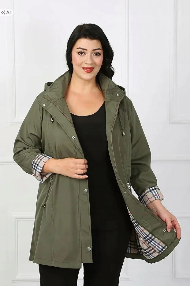 PŁASZCZ DAMSKI Z KAPTUREM W STYLU CASUAL KHAKI 54 5IA