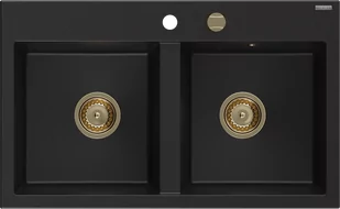 Mexen Hektor zlewozmywak granitowy 2-komorowy 800 x 490 mm, czarny, syfon złoty - 6521802000-77-G - Zlewozmywaki - miniaturka - grafika 1