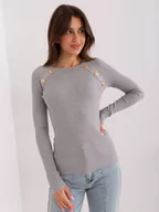 Swetry damskie - Sweter klasyczny szary casual dekolt okrągły rękaw długi guziki materiał prążkowany - miniaturka - grafika 1