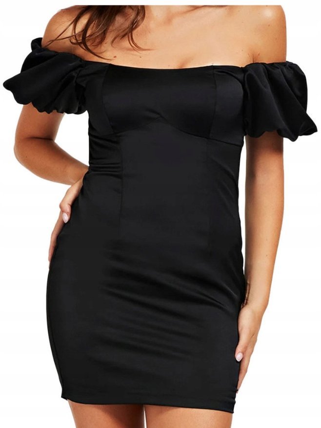 GUESS CZARNA SUKIENKA MINI Z ODKRYTYMI RAMIONAMI I BUFAMI S GXB