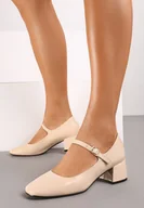 Czółenka - Beżowe Lakierowane Czółenka na Niskim Słupku z Zapięciem na Sprzączkę Erira - miniaturka - grafika 1