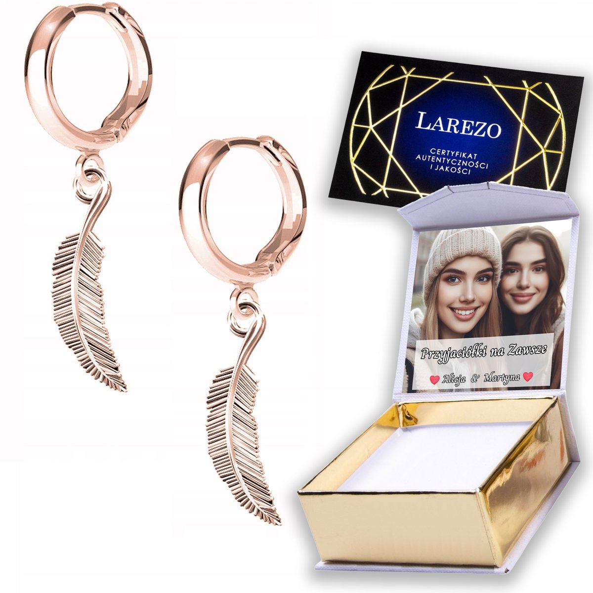 Kolczyki Pozłacane 925 Ozdobne Pióra Piórka z Piórkami Piórem Liść NADRUK