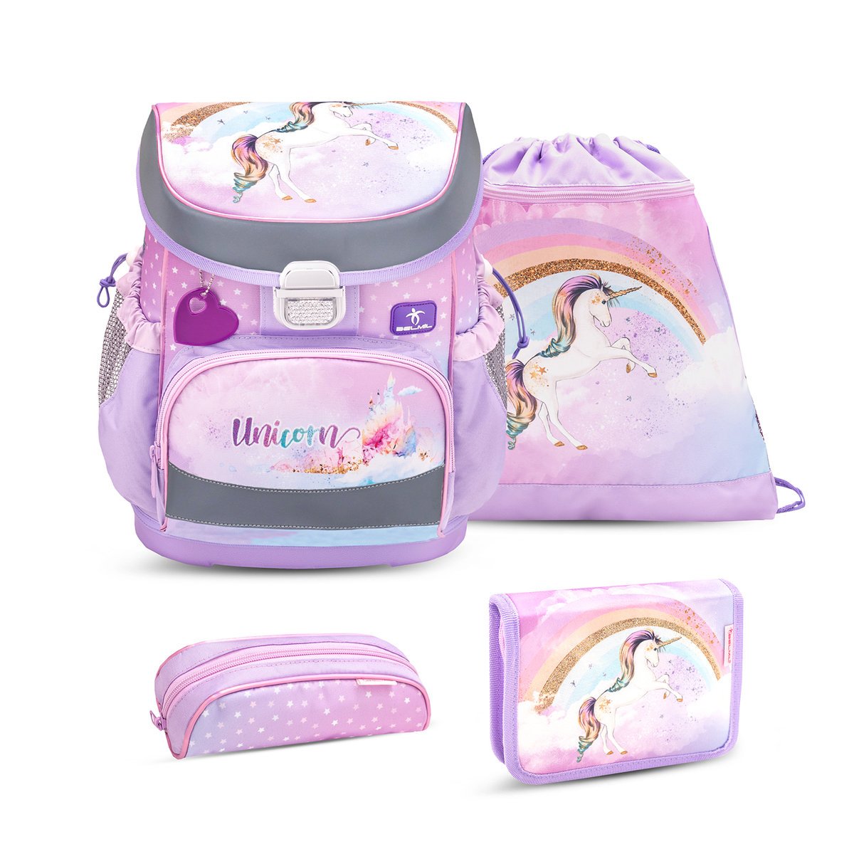 Ergonomiczny zestaw szkolny Belmil Mini-Fit „Rainbow Unicorn” dla dziewczynek – 4 części